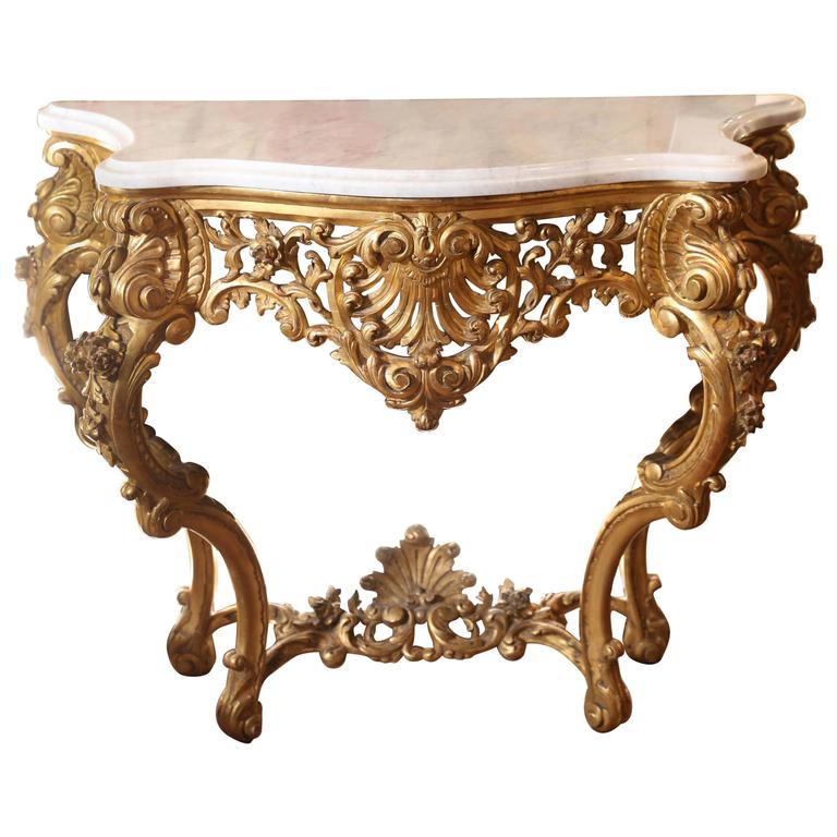 Fine Louis XV Style Giltwood Console with White Marble Top, Late 19th Century