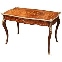 French Marquetry Inlaid Writing Table, 19th Century with Bronze Mounts